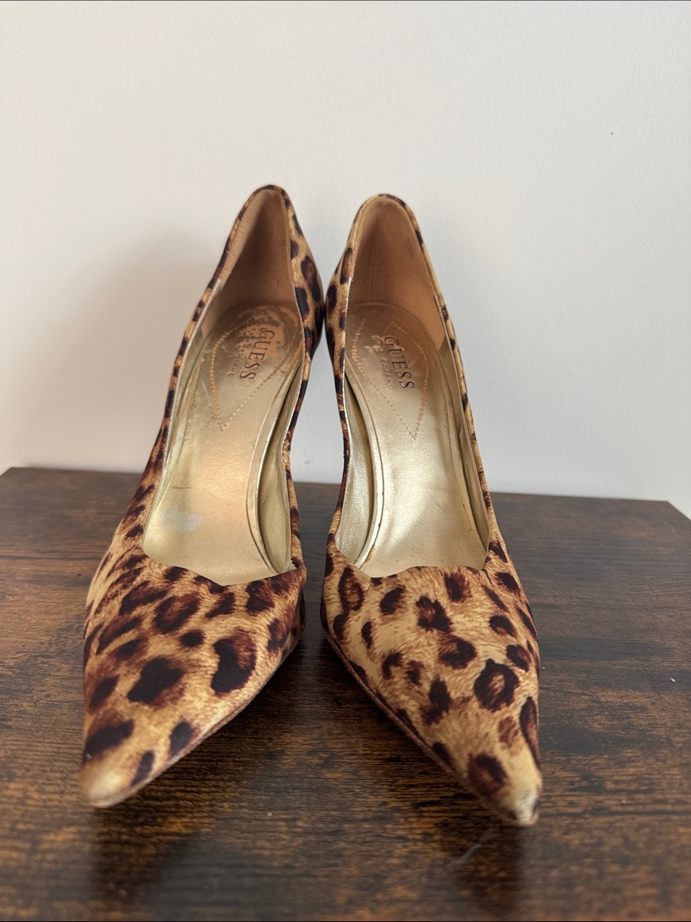GUESS Carrie Leopard-Print Pointed Toe Heels - Brown/Tan, Stacked Heel.